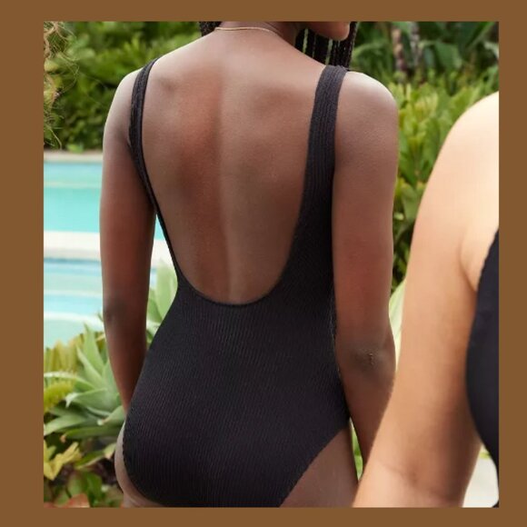 AERIE Ribbed Crinkle Scoop One Piece Swimsuit Full Coverage Black Women's XS - Picture 3 of 11